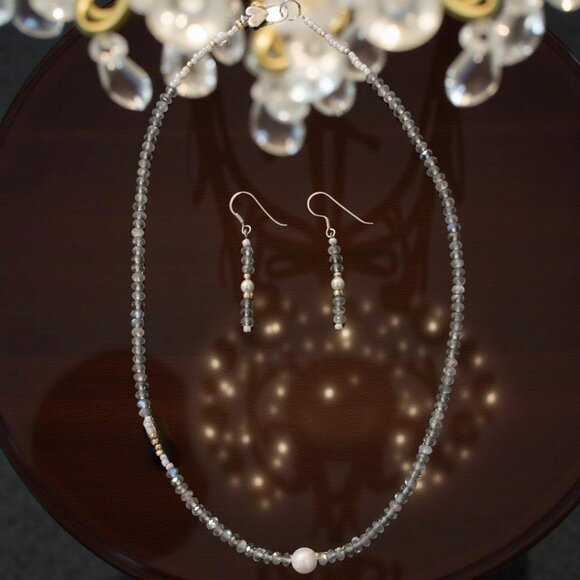 Dainty Labradorite & Pearl Earrings • Sterling Silver • Gold-Tone Accents - Picture 11 of 12